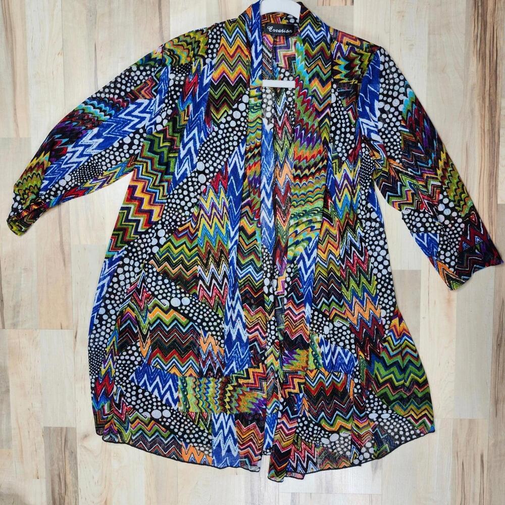 Creation‎ Colorful Print Cover Up Duster Open Front Lightweight  Womens